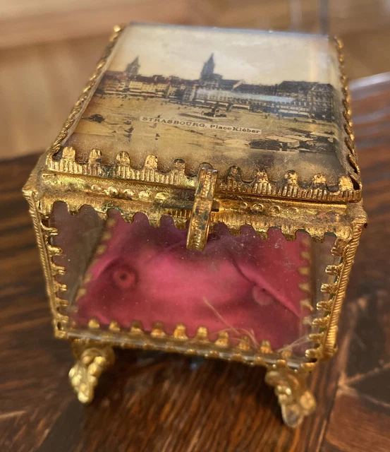 Antique French Square Beveled Glass Jewelry BOX “Image Strasbourg Place Kleber”