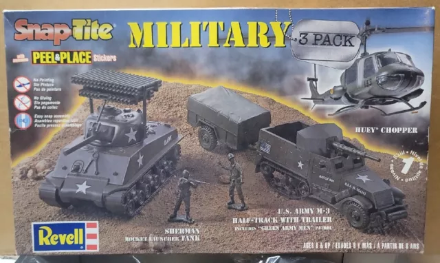 H▪︎Revell Military 3-Pack Model Kit Huey Chopper M-3 Half-Track Sherman Tank