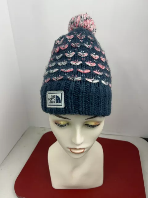 The North Face Stocking Beanie Hat Cap Youth Junior Gray Pink Heart Tassel Ball