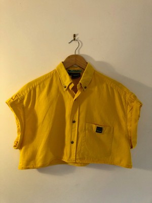 Vintage 90 s VERSACE Jeans Jaune Reworked Surdimensionné Cropped Shirt Taille L 8-10-12