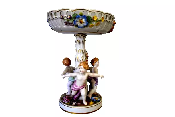 Von Schierholz Germany 3 Cherub Putti Floral Centerpiece Compote Bowl Dresden