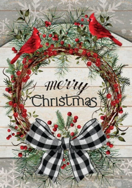 Merry Christmas Berry Wreath Cardinal Garden Flag 12"x 18" Custom Decor, 2 Sided