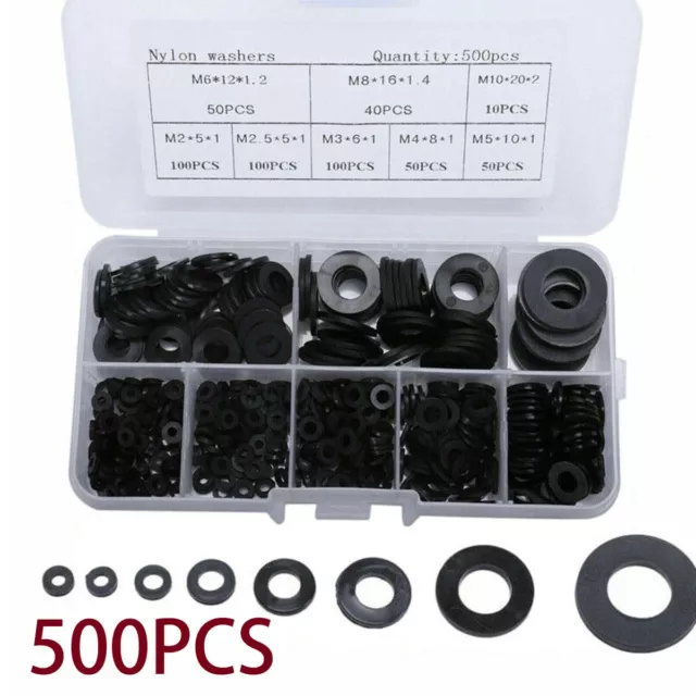 500pcs Flat Washers Nylon Rubber Rings Plain Repair Gasket Assortment M2-M10 Set