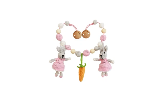 Sindibaba Chaîne de Poussette au Crochet Lapin Gris - Rose avec Hochet