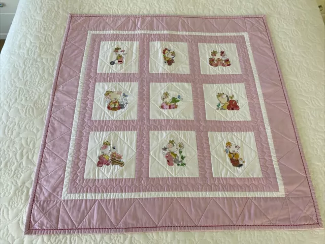 Handmade Patchwork Baby Cot Crib Quilt Embroidered Teddy Baby Cotton Pink 90 Cm²