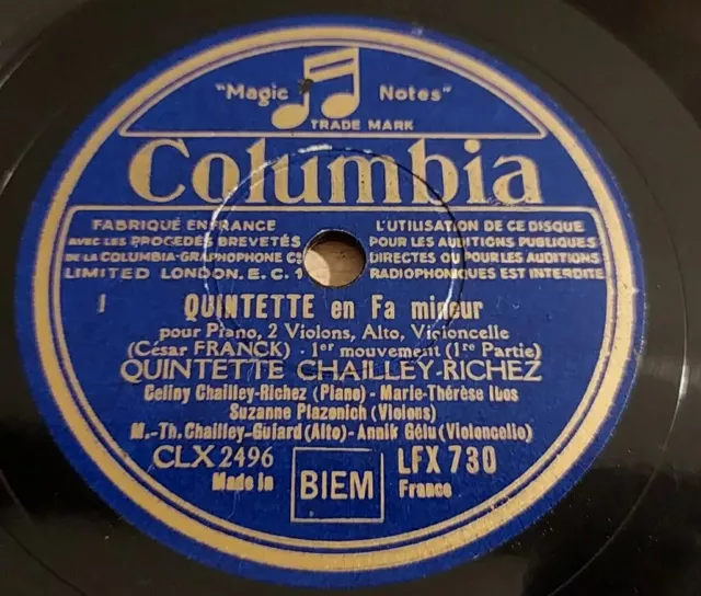 5 X 78rpm QUINTET CHAILLEY RICHEZ César FRANCK COLUMBIA LFX 730/34 HARD TO FIND