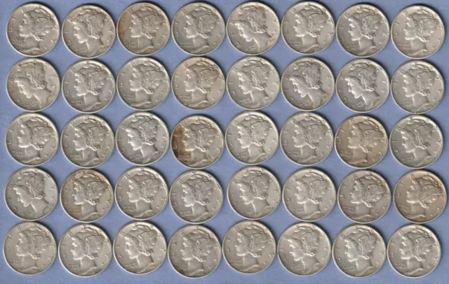 Mercury Dime Roll Of 50 - $5 Face - Vf To Xf. Most Are Extremely Fine. Lot 1 3