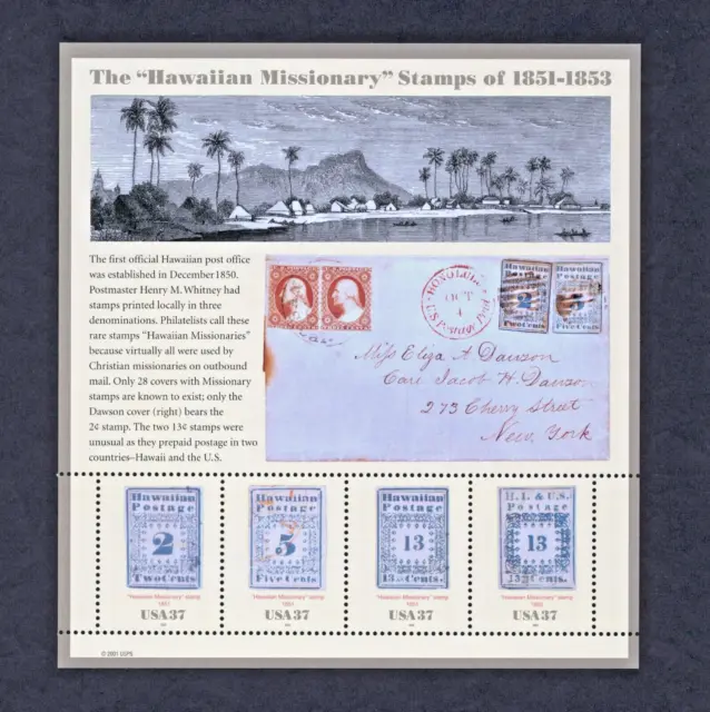 US Scott 3694 - 37 cent - Hawaiian Missionary - Souvenir Sheet - MNH