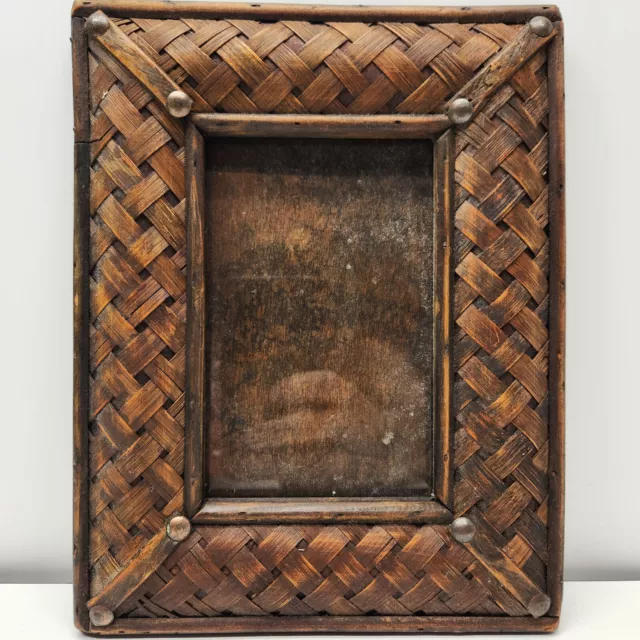 Vintage Wooden Brown Woven Native Design Picture Art Crafts Frame Fits 4" x 6"