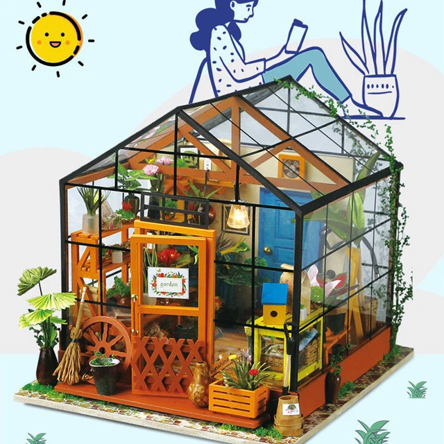 3D House Model Kit DIY Greenhouse Miniature Doll House Build LED Light Kids Gift