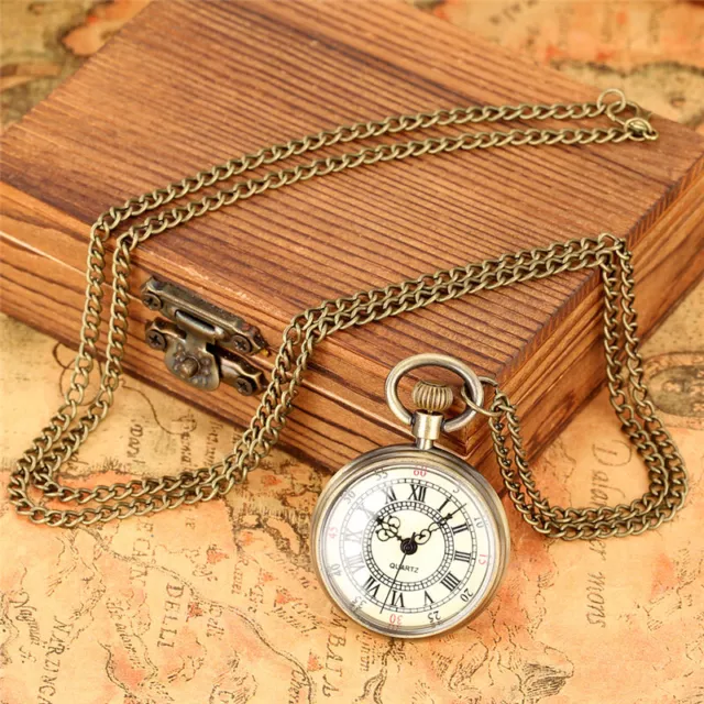 Antique Vintage Bronze Tone Men Quartz Pocket Watch Necklace Pendant Chain Gifts