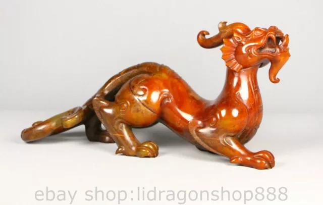 10.2" Chinese Natural Hetian Nephrite Jade Carving Dragon Beast Statue Sculpture