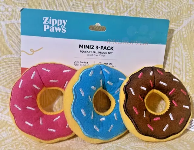 ZippyPaws 3-Pack MINIZ DONUTZ Sprinkle Plush Squeaky Dog Toy New -FREE SHIPPING-