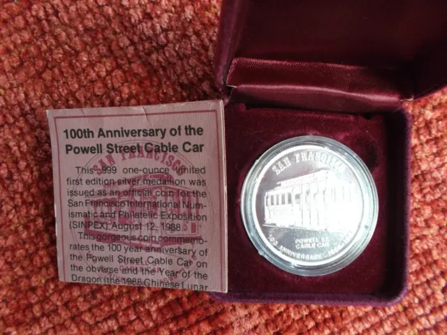 100th Anniversary Powell Street Cable Car Silver Medallion 1888-1988-- Troy OZ