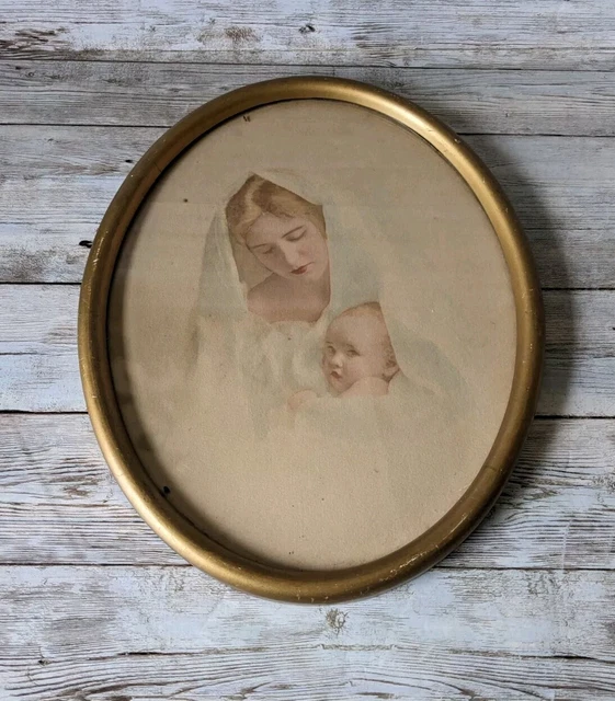 VINTAGE MOTHER MADONNA and Child Baby Print Gold Wood Oval Frame 9.5 X 7.5 Inch £25.67 - PicClick UK