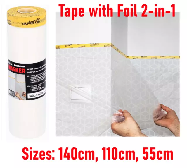 Tape w/ Foil || Painter's Masking Washi Tape with Plastic Dust Sheet 2-IN-1 PRO