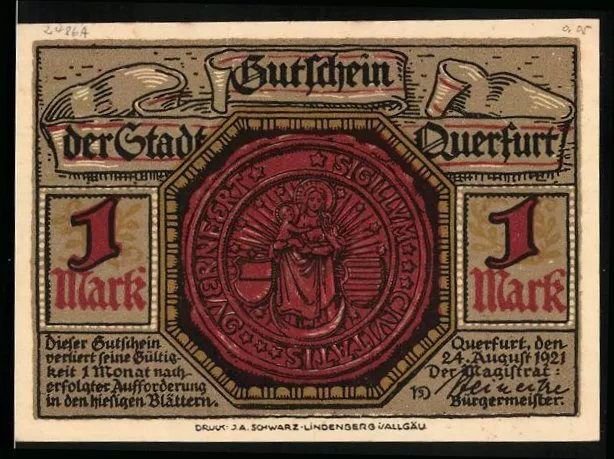 Notgeld Querfurt 1921, 1 Mark, Siegel der Stadt, Stadtansicht in alter Zeit