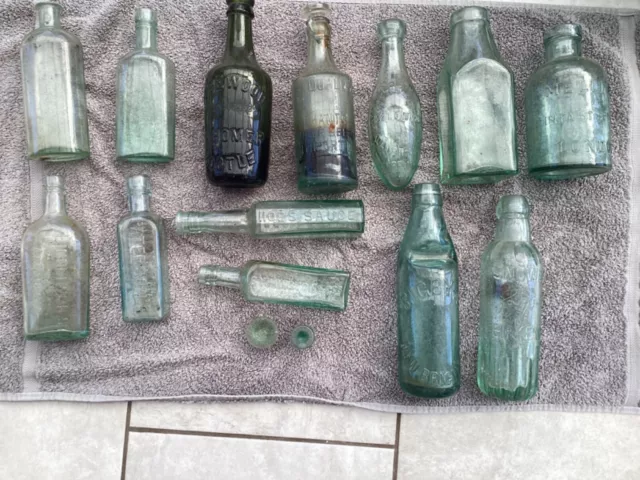 Job Lot Green Glass Bottles Antique Victorian Good assortment some with stoppers