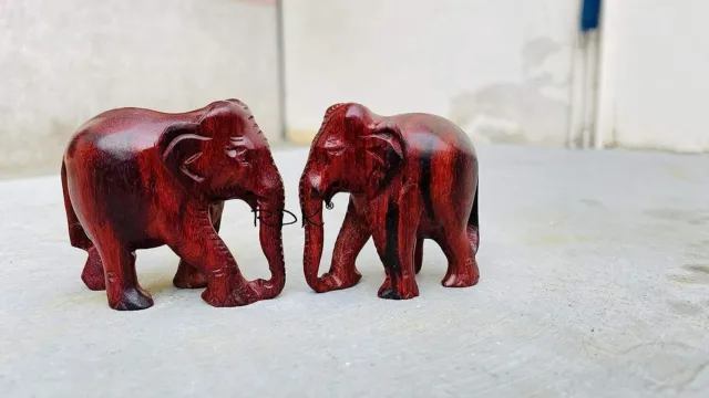 Natural Original Red Sandalwood Elephant Pair Idol Statue Wooden Down Trunk 2 in