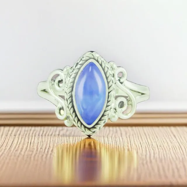 Handcrafted 925 Sterling Silver Marquise Ring with Chalcedony Gemstone Jewelry