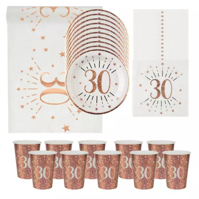 Rose Gold 30th Birthday Partyware | Napkins Plates Cups Table Runner Sparkle