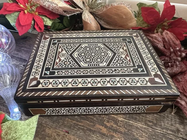 Inlaid Mother Of Pearl, Bone & Wood Jewellery Box, With Red Felt Interior