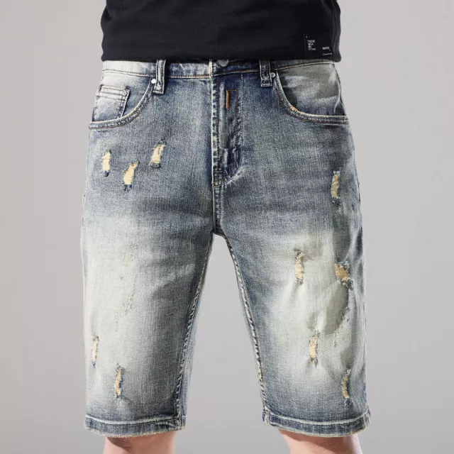 STRAIGHT MALE BLUE Short hole Frayed knee length Jeans Summer Denim ...