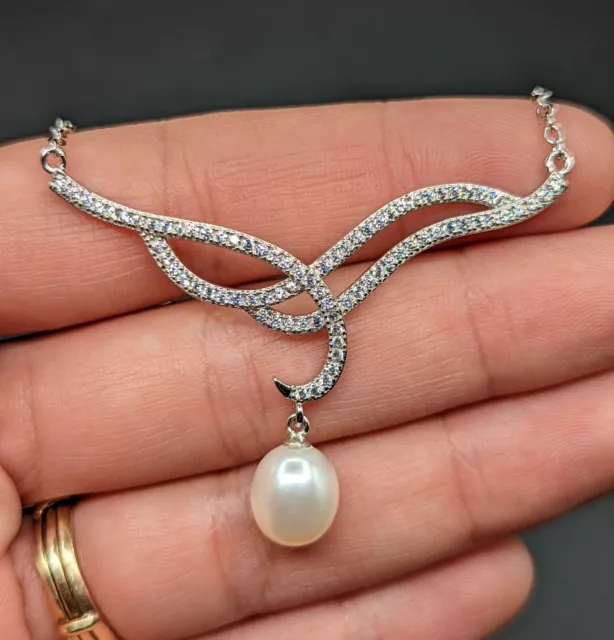 Sterling Silver 925 Cubic Zirconia CZ Freshwater Cultured Pearl Drop Necklace