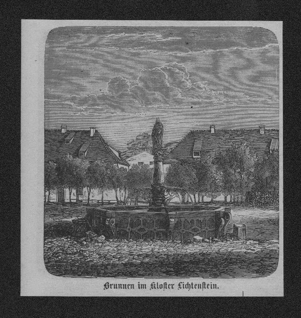 1865 Fontaine Dans Monastère Lichtenstein Gravure sur Bois Engraving