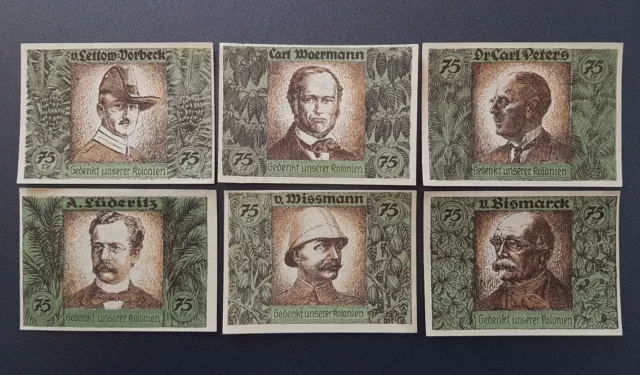 GERMANY NOTGELD 6x 75 PFENNIG 1921 AFRICAN COLONIES COMPLETE SET *PIONEERS*(8044