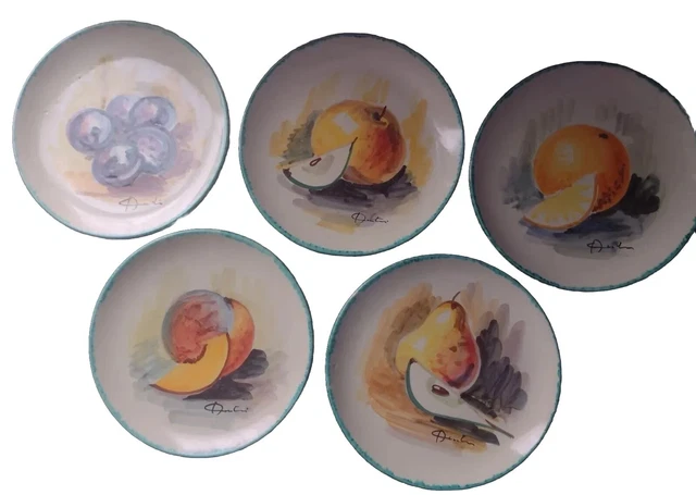 Ceramic Plates Hand Painted with Fruit Signed by Artist Set of 5 Numbered Italy