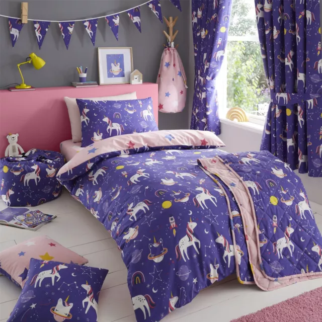 Girls Kids Space Unicorn Reversible Duvet Cover Bedding Curtains