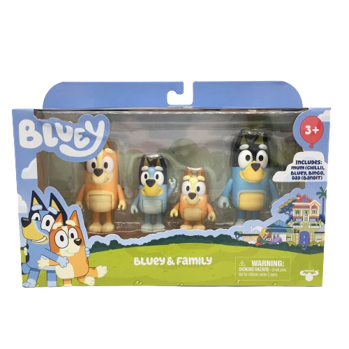 BLUEY AND FAMILY 4 Pack Figure Set Bluey Bingo Bandit and Chilli Heeler
