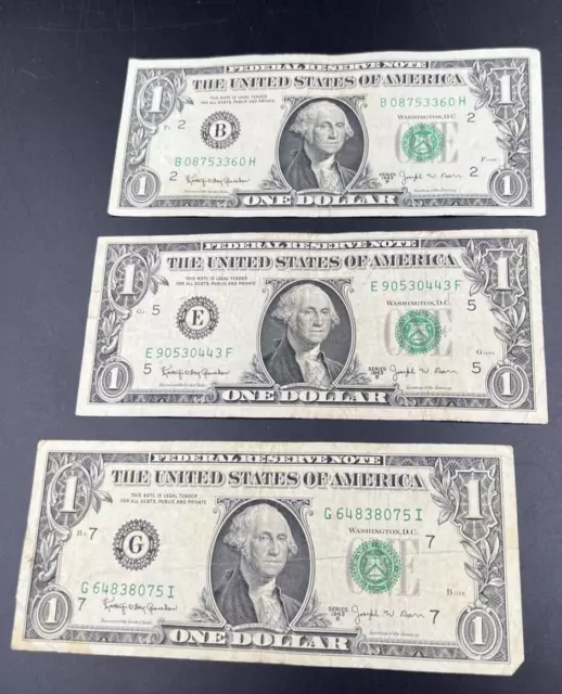 3 Note Lot 1963 B $1 Barr Signature Federal Reserve Note FRN Green Seal VG +