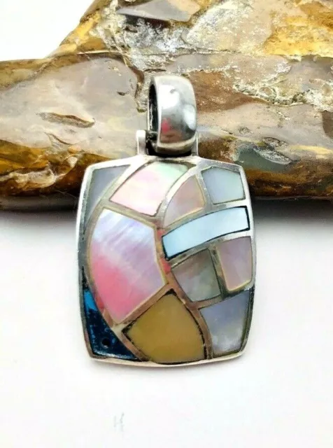 Vintage 925 CFJ Sterling Silver Mother Of Pearl Mosaic Inlay Pendant