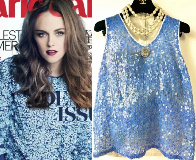 5K New Chanel 2018 Blue Sequin Sweater Top 38 40 42 6 8 10 Blouse Shirt Tank M L