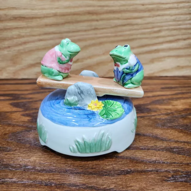 Vintage Otagiri Porcelain Frogs on a Seesaw Music Box WORKS Japan Mary Ann Baker