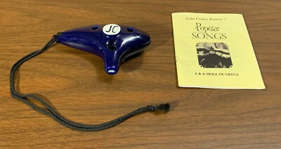John Coiner Pottery JC Ceramic Ocarina - blue w/ cord & songbook - Zelda - EUC