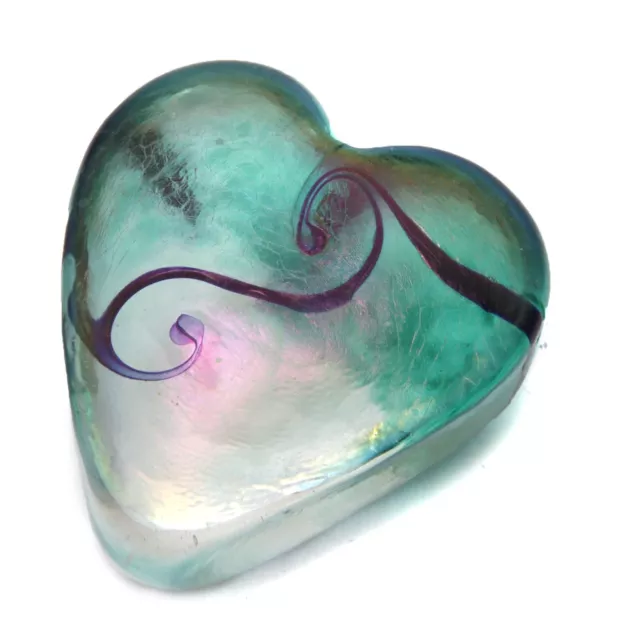 VTG ROBERT HELD Art Glass Heart Paperweight Signed Iridescent Green Purple Swirl 3