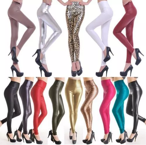 Leggings sexy donna vita alta look bagnato finta pelle