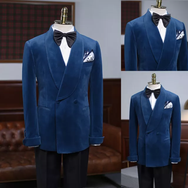 MEN SUITS BLUE Tuxedo Velvet Shawl Collar Jacket Double-Breasted Two ...