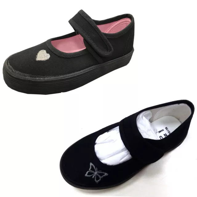 Mädchen Kinder Schule Pe Pumps Canvas schwarz Plimsolls Turnschuhe Touch Riemen Schuhe Neu