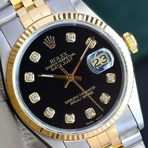 Mens Rolex Datejust 16233 18K Gold Stainles Steel Black Diamond Dial 36Mm Watch