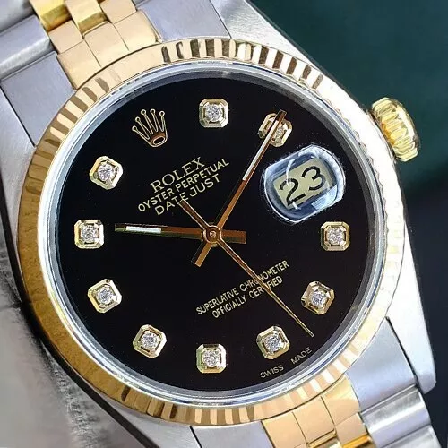 Mens Rolex Datejust 16233 18K Gold Stainles Steel Black Diamond Dial 36Mm Watch Mens Rolex Datejust 16233 18K Gold Stainles Steel Black Diamond Dial 36Mm Watch