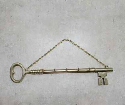 Vtg 5 Hook Solid Brass Skeleton Key Wall Mount  Key Holder Chain Hanger 11 in