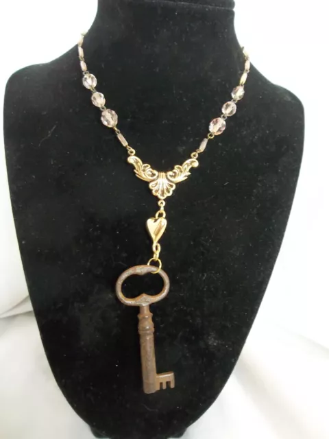 Vintage Victorian Style Skeleton Key to Heart Pink Gold Necklace Romantic OOAK