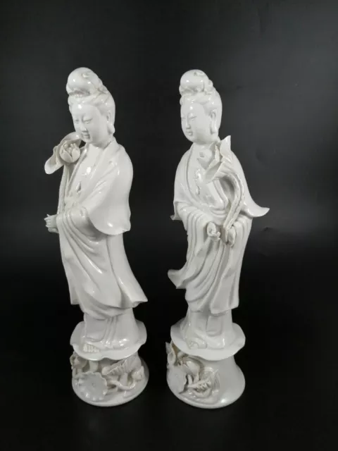 Par Raro Antigüedad Chino Dinastía Qing Guan Yin Blanc Des Porcelana Figuras 2