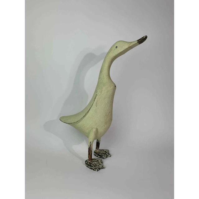 Vintage Hand Carved Wood Standing Duck Sculpture - Antique White with Patina