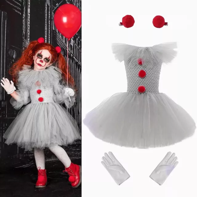 Kids Girls Clown Fancy Tutu Dress Party Halloween Scary Cosplay Costume Outfit