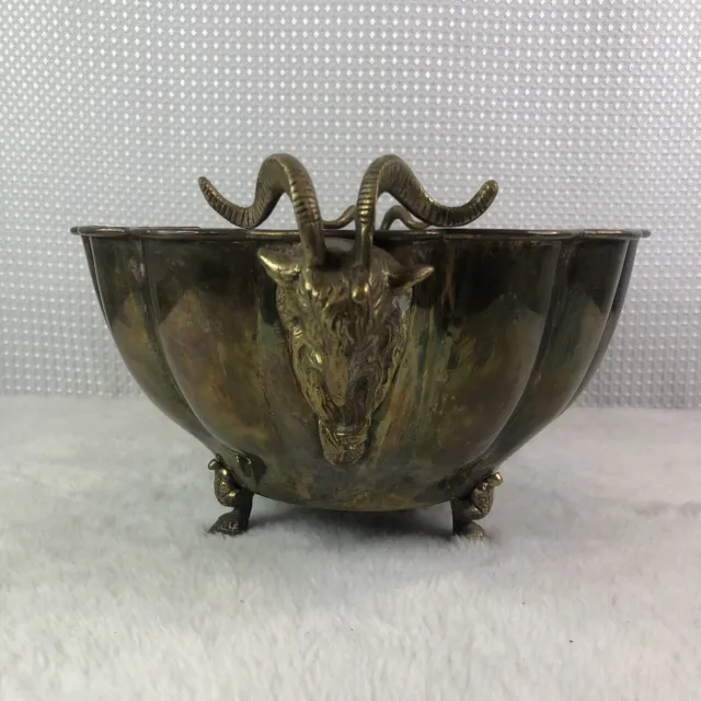 Vintage Brass Rams Head Handle Bowl Jardiniere Cachepot Scalloped Footed Legs